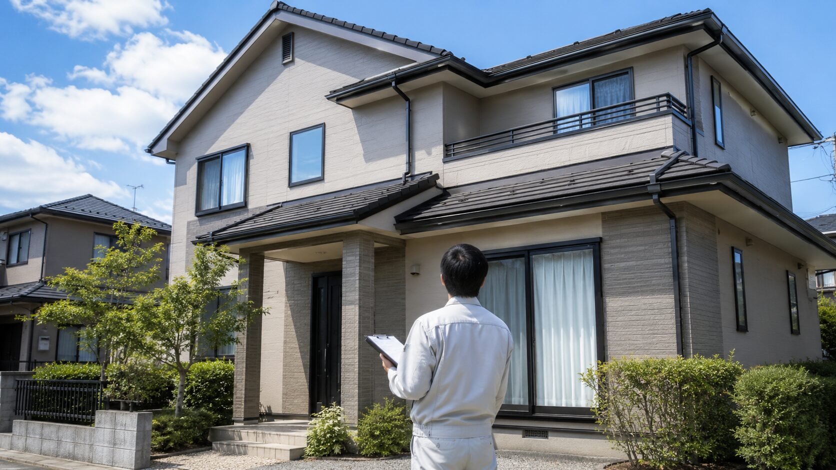 比企郡で外壁塗装の見積り前に建物全体を確認している様子